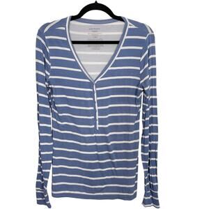 Posh Peanut Striped Long Sleeve Henley Top Womens M Blue White Bamboo Stretch